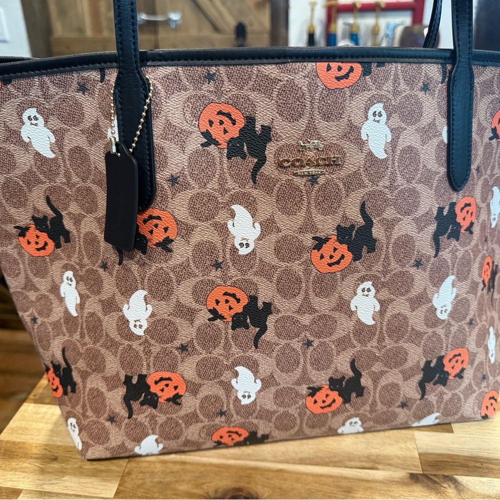 COACH Brown Halloween Pumpkin & Ghost Signature Tote with Black Trim - Picture 6 of 6
